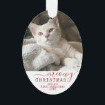 Ornamento Nome de Foto Personalizada do Cat First Christmas<br><div class="desc">Um modelo de ornamento de fotos de gatos criativo e único para seu novo gato ou gatinho celebrando seu "Primeiro Natal" com você, em cores de Natal vermelho e branco com "Meowy Christmas" e nome e ano de estimação personalizados. Apresentando cores de fundo brancas e vermelhas editáveis com fontes rústicas...</div>