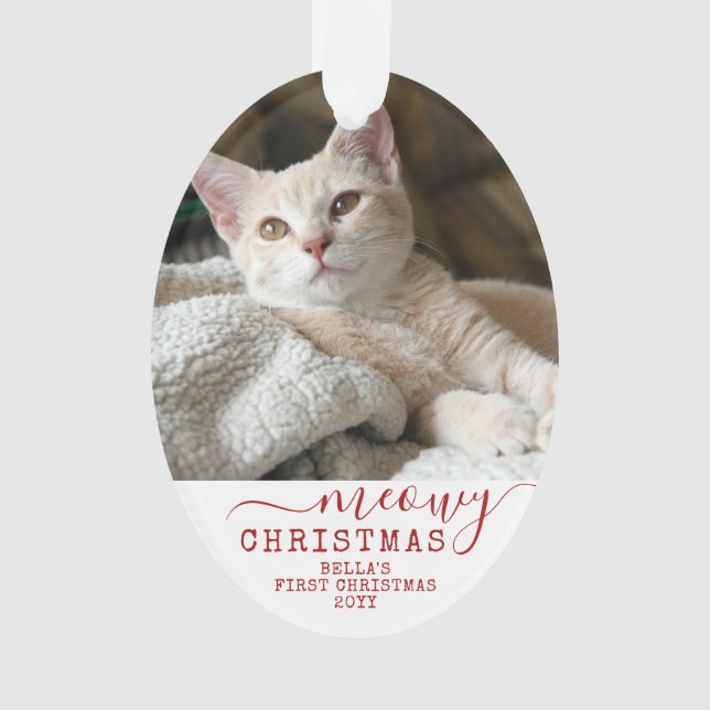 Ornamento Nome de Foto Personalizada do Cat First Christmas (Frente)
