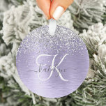 Ornamento Nome do Monograma da Glitter de Prata Metálica Bru<br><div class="desc">Personalize facilmente esse design de ornamento chic moderno com brilho bonito prateado brilhante em um fundo metálico roxo escovado.</div>