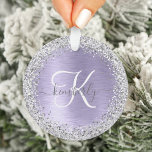 Ornamento Nome do Monograma da Glitter de Prata Metálica Bru<br><div class="desc">Personalize facilmente esse design de ornamento chic moderno com brilho bonito cintilante prateado em um fundo metálico roxo escovado.</div>