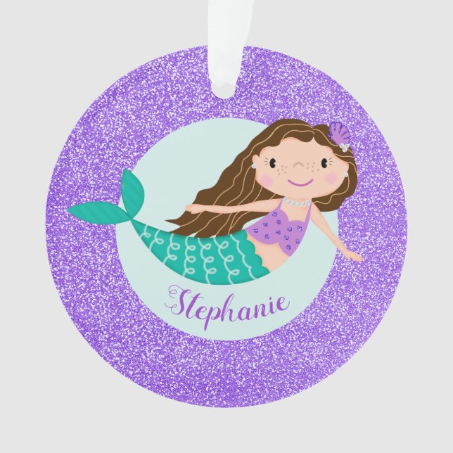 Ornamento Nome Personalizado da Glitter Roxo Sereia (Frente)