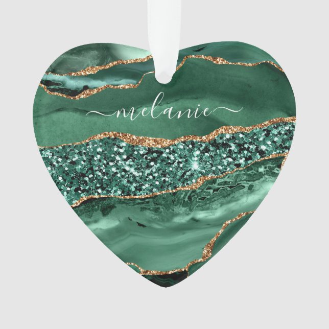 Ornamento Nome Personalizado do Marble de Geodo Glitter Verd (Frente)
