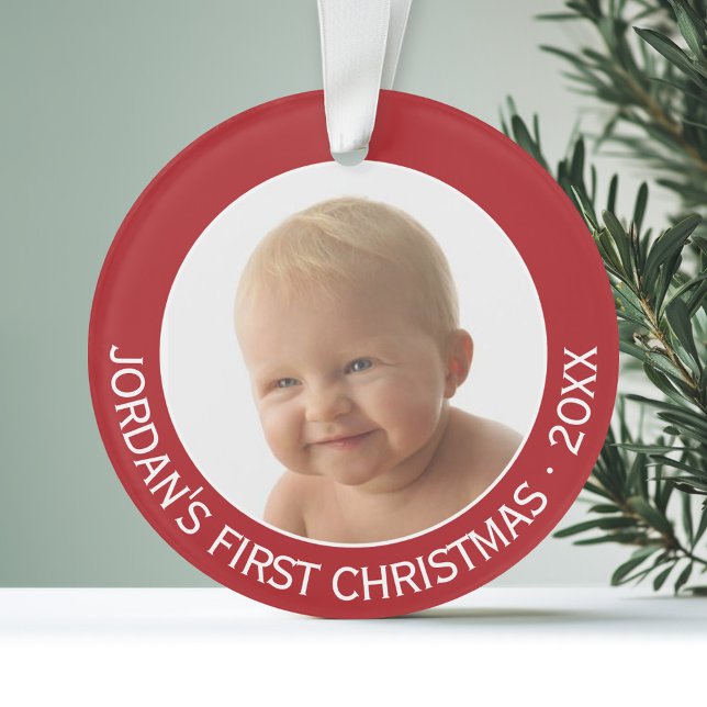 Ornamento Nome personalizado e ano da primeira foto de Natal (Personalized Ornament with Photo - First Christmas)