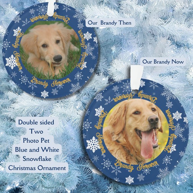 Ornamento Nosso Cachorro Então e Agora 2 Feriados Personaliz (Your dog Then and Now double sided Christmas Ornament Blue and White Snowflake theme )