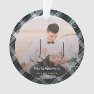 Ornamento Nosso Primeiro Natal Casados 2 Fotos Plaid Tartan