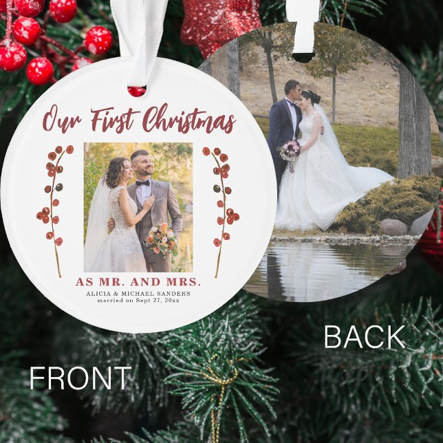 Ornamento Nosso primeiro Natal casou com 2 fotos modernas (Criador carregado)