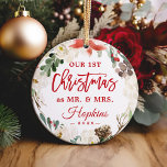 Ornamento Nosso Primeiro Natal como Sr. Floral Wreath Photo<br><div class="desc">***** Não se esqueça de carregar sua foto favorita no verso. Se não precisar da colocação de fotos, você pode removê-la usando a ferramenta design ***** Celebrar seu Primeiro Natal Casado com este Ornamento de Foto Floral de Poinsettia. Adicionando uma foto e um texto favoritos a esta design graciosa para...</div>