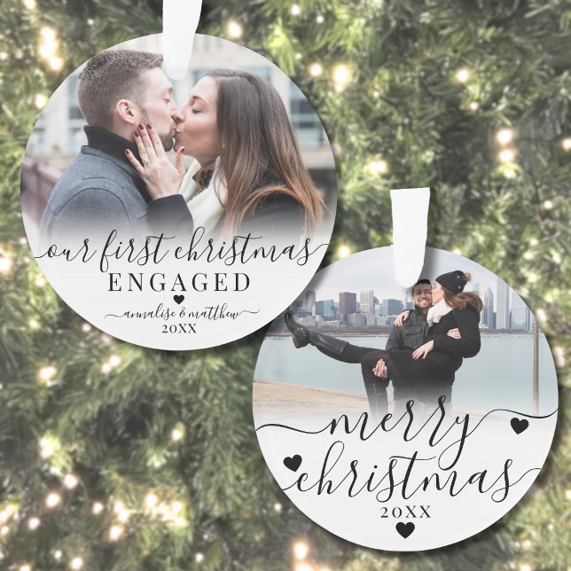 Ornamento Nosso Primeiro Natal de Noivos 2 Foto (Our First Christmas Engaged Couple 2 Photo Ornament)