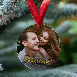 Ornamento Nosso Primeiro Natal Engajado Script Folha de Ouro
