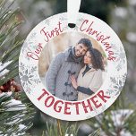Ornamento Nosso Primeiro Natal Juntos Foto Vermelha e Pratea<br><div class="desc">Nosso Primeiro Natal Juntos personalizou o ornamento de fotos,  com tipografia vermelha e flocos de neve prateados. O modelo de foto é configurado para que você adicione uma de suas fotos favoritas e você também pode adicionar seus nomes e o ano atrás.</div>