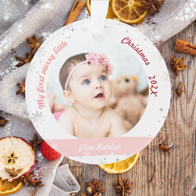 Ornamento Novo Bebê 2 Fotos Minha Primeira Feliz Pequeno Nat (Modern Elegant Cute My First Merry Little Christmas Baby Personalized Name 2 Photos Snowflakes Stars)