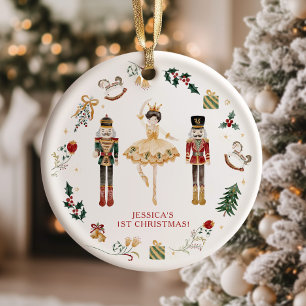 Ornamento Noz-cracker vermelho e bailarina de ouro no primei