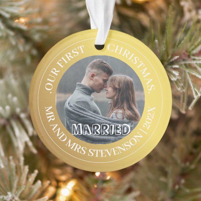 Ornamento O nosso primeiro Natal, Sr. e Sra. Dourada Foto Mo (Árvore)