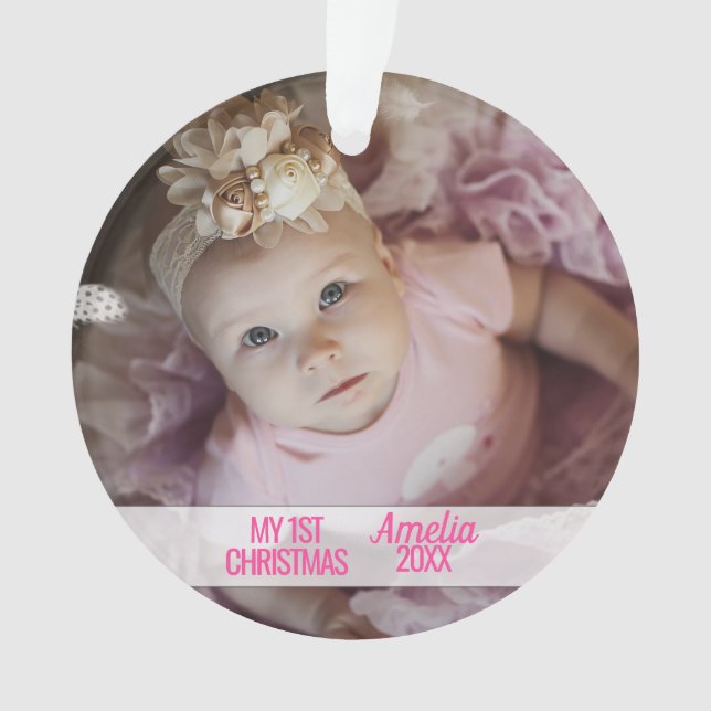 Ornamento O primeiro Natal da menina com foto (Frente)
