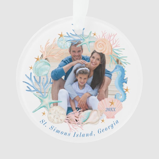 Ornamento Oceano Costeiro: Watercolor Seashell Wreath Photo (Frente)