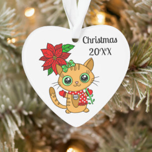 Ornamento Orange Cat Personalizado com Poinsettia no Natal