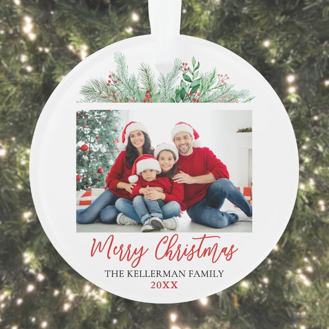 Ornamento Ornamen de Fotografia da Família Feliz Natal Moder (Modern Script Merry Christmas Family Photo Ornamen Ornament)