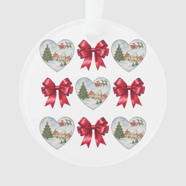 Ornamento Padrão de Coração e Laços da Coquete de Natal (Frente)
