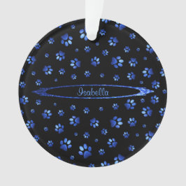 Ornamento Padrão de pata de cão brilhante azul Monograma