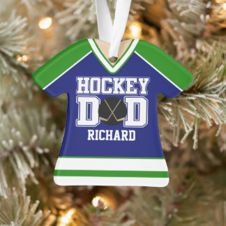 Ornamento Pai de Hockey Personalizado Azul/Verde Jersey