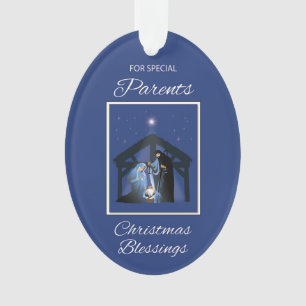 Ornamento Pais Bençãos Manger de Natal em Azul