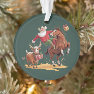 Ornamento Papai Noel Caubói Ocidental Rodeio de Natal Cavalo