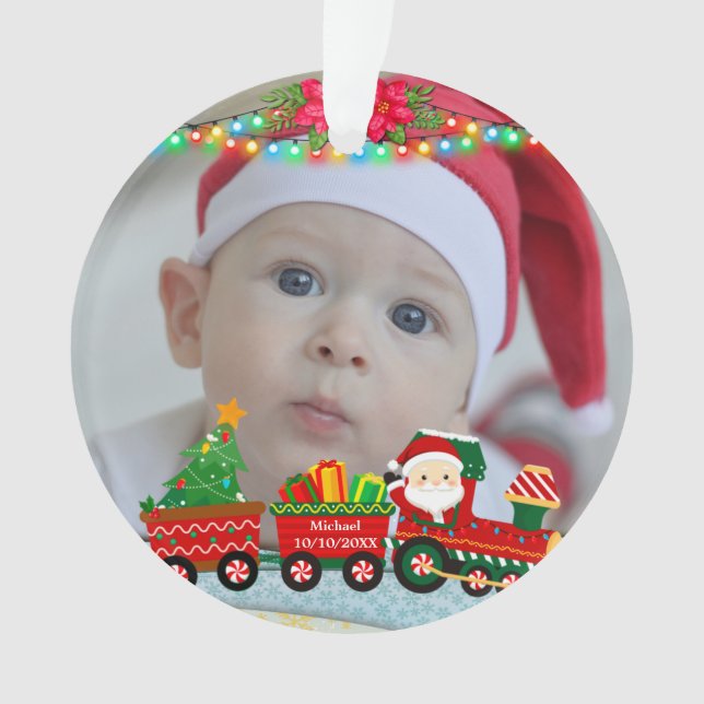 Ornamento Papai Noel em trem com presentes e árvore de Natal (Frente)