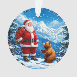 Ornamento Papai Noel Encontra Urso Amigável na Montanha Neva