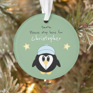 Ornamento Papais noeis de pinguins de Natal param aqui verde