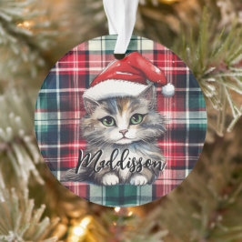 Ornamento Papais noeis de Xadrez de Natal Gato com Nome