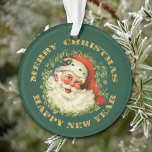 Ornamento Papais noeis Retroativos de Texto Círculo Personal<br><div class="desc">Este Enfeites de natal de dois lados apresenta um belo retrato vintage de Papais noeis, com felizes de olhos azuis brilhantes e barba branca esbujada. O retrato está cercado por uma coroa de agulhas de pinheiros sobre um fundo verde-escuro. Texto dourado em meio círculo diz Feliz Natal e Feliz ano...</div>