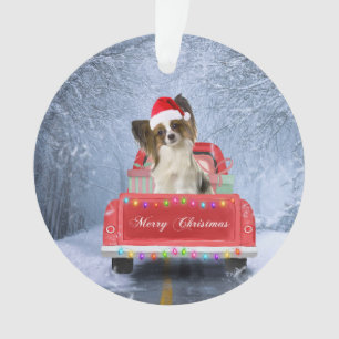 Ornamento Papillon Dog em Neve sentado no Caminhão de Natal