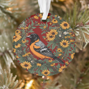 Ornamento Pássaro Baltimore Oriole e Flores Black Eyed Susan
