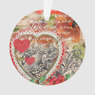Ornamento Pássaros do Coração Amor Colagem de Arte Vermelha