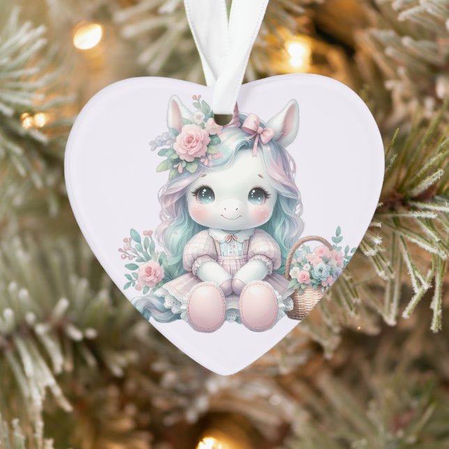 Ornamento Pastel Kawaii Unicorn Doll with Flower Basket (Árvore)