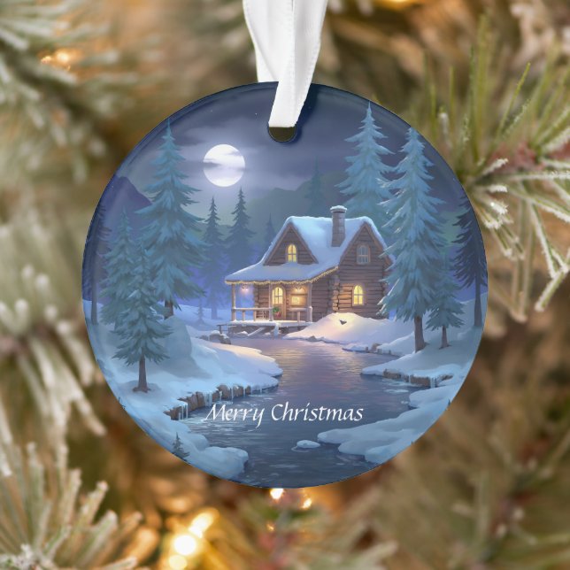 Ornamento Peaceful Cabin in Winter Forest (Árvore)