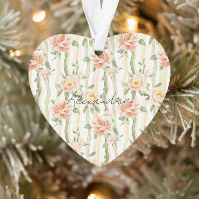 Ornamento Peach Mint Pretty Roses Floral Stripes Christmas (Árvore)