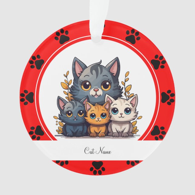Ornamento Pegadas Vermelhas Personalizadas Nome do Gato (Frente)