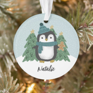 Ornamento Pequeno Pinguim Bonito e Biscoito Nome