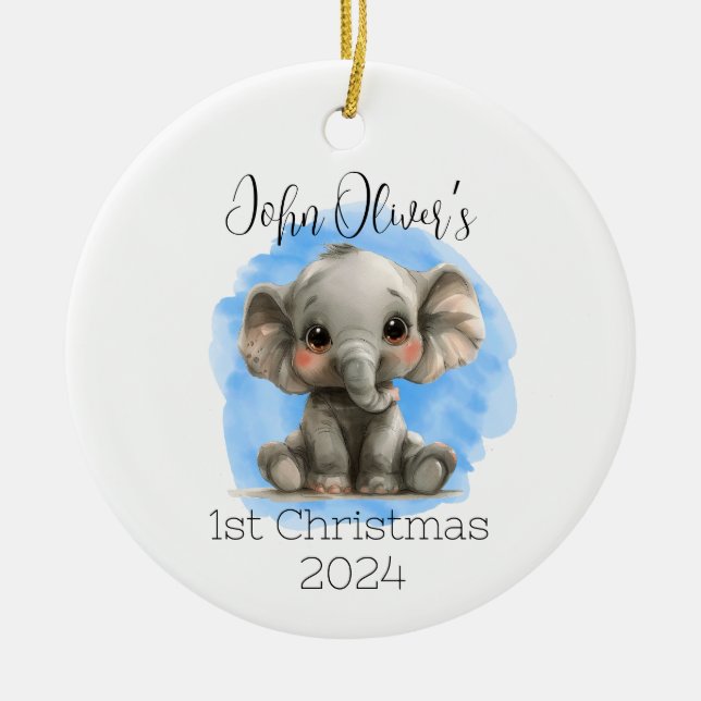 Ornamento Personalizado de Elefante do Baby Boy (Frente)