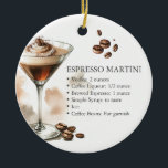 Ornamento Personalizado de Receita Espresso Martin<br><div class="desc">Procurando o melhor presente para uma festa de solteira temida do café expresso martini? Este ornamento expresso martini é o presente personalizado perfeito ou favor do partido! Projetado usando um espresso martini ilustrado manualmente com uma receita na frente e sua foto favorita no verso, este ornamento personalizado permite adicionar sua...</div>