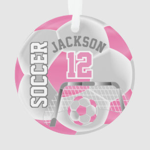 Ornamento Personalizar ⚽ de Futebol branco e cor-de-rosa