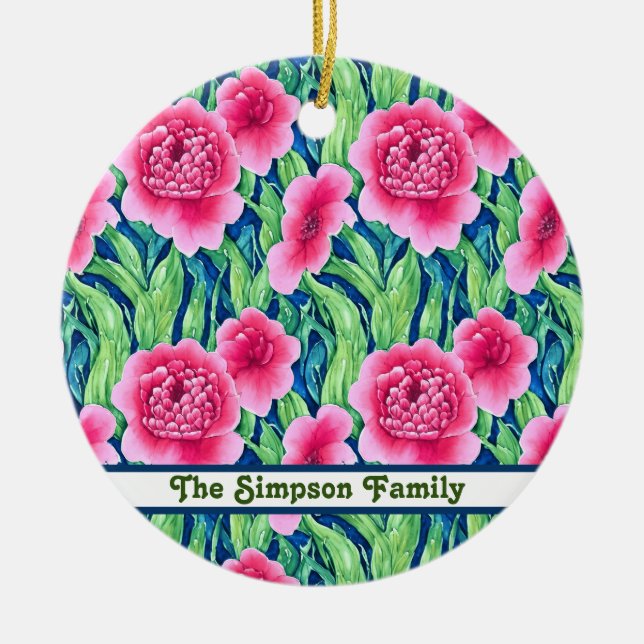 Ornamento Personalizável Floral de Cores Aquáticas (Frente)