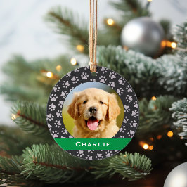 Ornamento Pet Paw Prateado Imprime o Nome Personalizado Verd