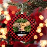 Ornamento Pet Personalizado Foto Natal Vermelho Xadrez Cerâm<br><div class="desc">Xadrez Vermelha de Natal com Foto Pet Personalizada</div>