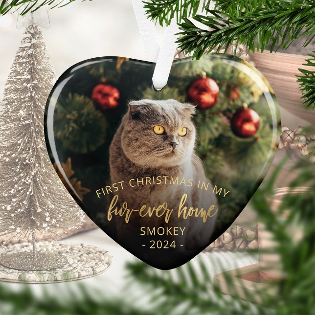 Ornamento Pet Photo First Christmas Forever Home Dourado Scr (Criador carregado)