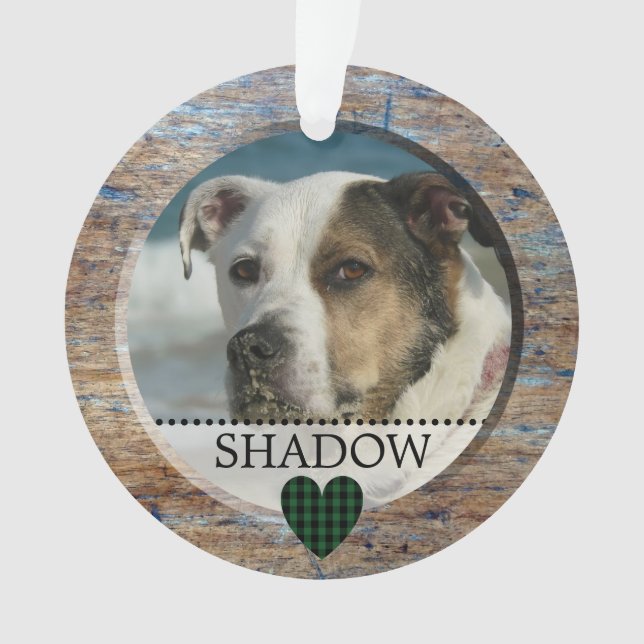 Ornamento Pet Photo Personalized Name Heart Rustic Christmas (Frente)