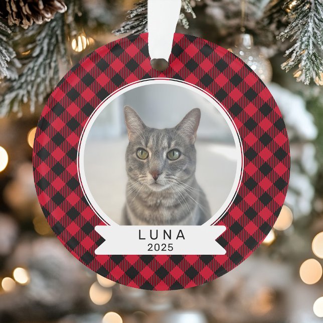 Ornamento Pet Photo Red and Black Buffalo Plaid Christmas (Pet Photo Red and Black Buffalo Plaid Christmas Ornament)