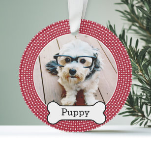 Ornamento Pet Photo with Dog Bone - bolinhas vermelhas