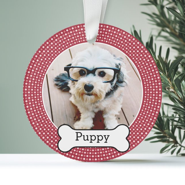 Ornamento Pet Photo with Dog Bone - Duplo Lado (Personalized Photo Ornament - Pet Theme)